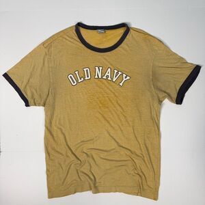 Vintage Y2K Old Navy Ringer T-Shirt Mens‎ Large Grunge Yellow Brown Faded